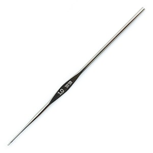 May include: A silver crochet hook with a 1.0 mm size marking.