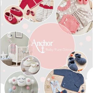 May include: A collection of crochet baby items, including a pink cardigan, a white and gray gingham dress, a pink and white crochet dress, a pink and white crochet diaper cover, a blue crochet cardigan, a white and blue gingham dress, a white crochet cloud mobile, and white crochet baby shoes. The image also includes the text "Anchor Baby Pure Cotton".