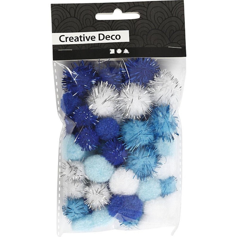 Christmas Pom Poms Multi-colour White Light Blue and Dark Blue 15-20mm bag