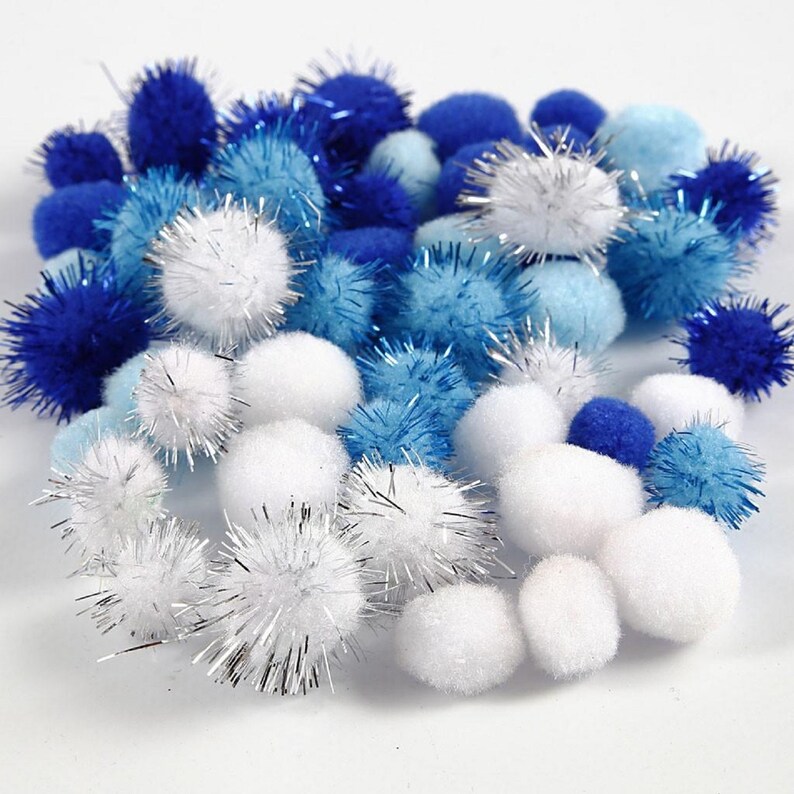 Christmas Pom Poms Multi-colour White Light Blue and Dark Blue 15-20mm bag