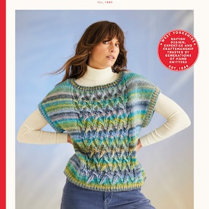 May include: A knitting pattern for a sleeveless sweater with a colorful, textured design. The pattern is called "Jewelspun" and is made with Wool Chunky yarn. The pattern is for sizes 32-54 inches.