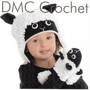 May include: A white and black crocheted sheep hat with a matching sheep mitten. The hat has a long flap that can be tied under the chin. The mitten has a small sheep face on the back.