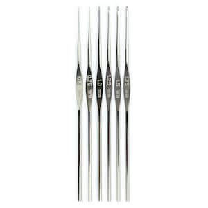 May include: Set of six silver crochet hooks with sizes 0.6 mm, 0.75 mm, 1.0 mm, 1.25 mm, 1.5 mm, and 1.75 mm.