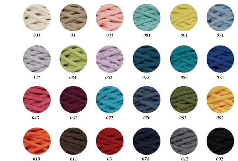 May include: A color chart of 24 different colors of cotton rope. The rope is arranged in a grid of six rows and four columns. Each color is labeled with a number.