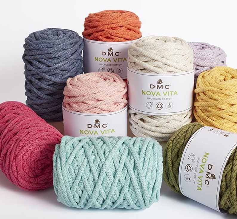 May include: Assortment of colorful cotton rope yarn balls, each labeled "D-M-C NOVA VITA RECYCLED COTTON".