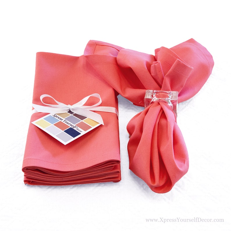 Coral Cotton Napkins Set of Four, 18 x 18 Inch Coral Napkins with Mitered Corners, Special Event Napkins in Coral image 1