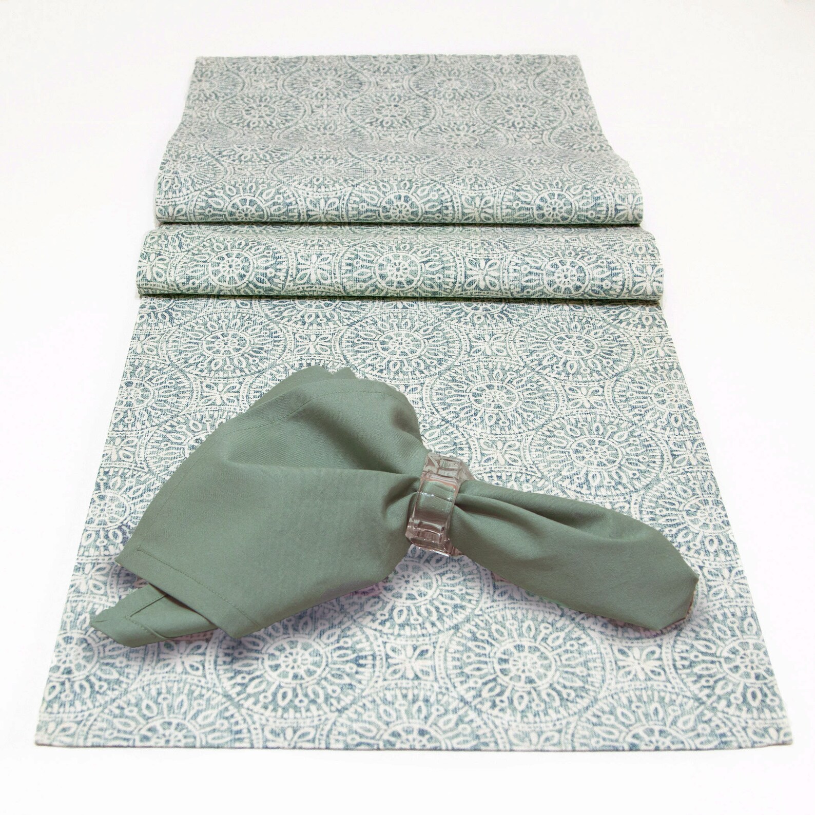 Table Runner in Blue Green Print Reversible Table Runner in Etsy