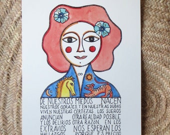 A3 size print, Printed in Italy, Hand retouched with golden ink, Woman portrait, Red hair girl, Inspirational quote.