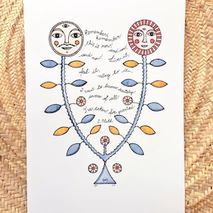Illustrazione ispirata alla poesia, stampa di alta qualità in formato A3 ritoccata a mano con inchiostro dorato, stampa Sole e Luna, regalo per gli amanti dell'arte