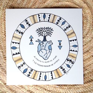 Stampa digitale di alta qualità, ritoccata a mano con inchiostro dorato, stampa quadrata, stampa a cuore, citazione ispiratrice, atmosfera boho, beige e indaco.