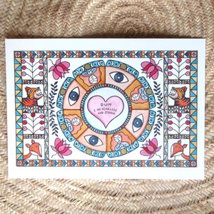 Stampa digitale di alta qualità in formato A3, illustrazione di Mantra, ispirazione arte popolare, illustrazione di cuore, decorazione murale naturale, vibrazioni Boho.