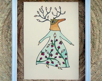 Art print on paper with watercolour, dancing deer woman, original details, deer illustration, boho style illustration, small artwork