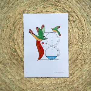 Stampa Artistica su carta ad acquerello, colorata a mano, frase d'ispirazione, illustrazione surrealista di donna, uccello e clessidra
