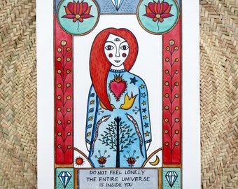 Tarot cards inspired art print, hand finished with gold ink, Rumi poem inspirational quote, red hair lady symbolic portrait, limited edition