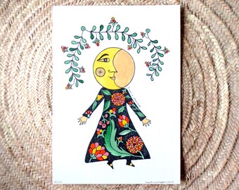 Lady Moon Watercolor Print: Folk Art Dreamer Illustration (A3)