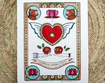 Art print on paper, hand finished with gold, tarot cards inspiration, inspirational quote in spanish, love illustration, indian inspiration