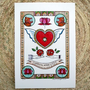 Lámina sobre papel, terminada a mano en oro, inspiración cartas del tarot, cita inspiradora en español, ilustración de amor, inspiración india