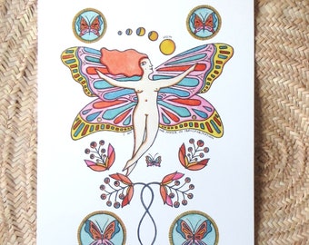 Mantra inspiration A3 size high quality digital print, Printed in Italy, Lady Butterfly flying with flowers.