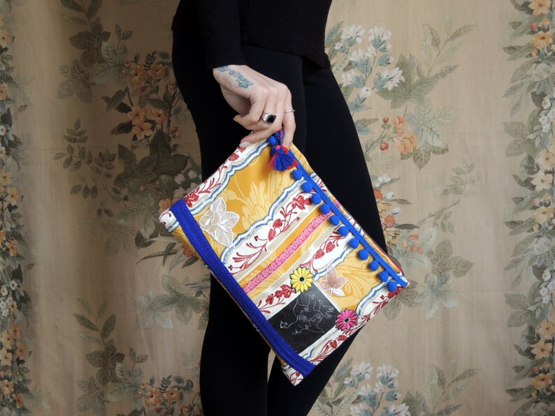 Fabric pouch patchwork clutch bag handmade clutch bag lace and tassels pouch art print Fabric clutch bag Make up storage pouch
