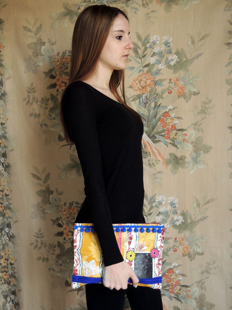 Fabric pouch patchwork clutch bag handmade clutch bag lace and tassels pouch art print Fabric clutch bag Make up storage pouch