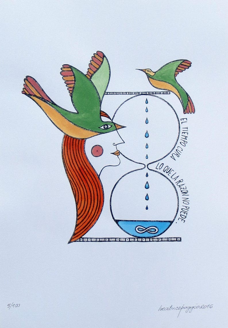 Impression dart à laquarelle, citation inspirante, impression colorée à la main, illustration de femme, doiseaux et de sablier, impression surréaliste. image 2