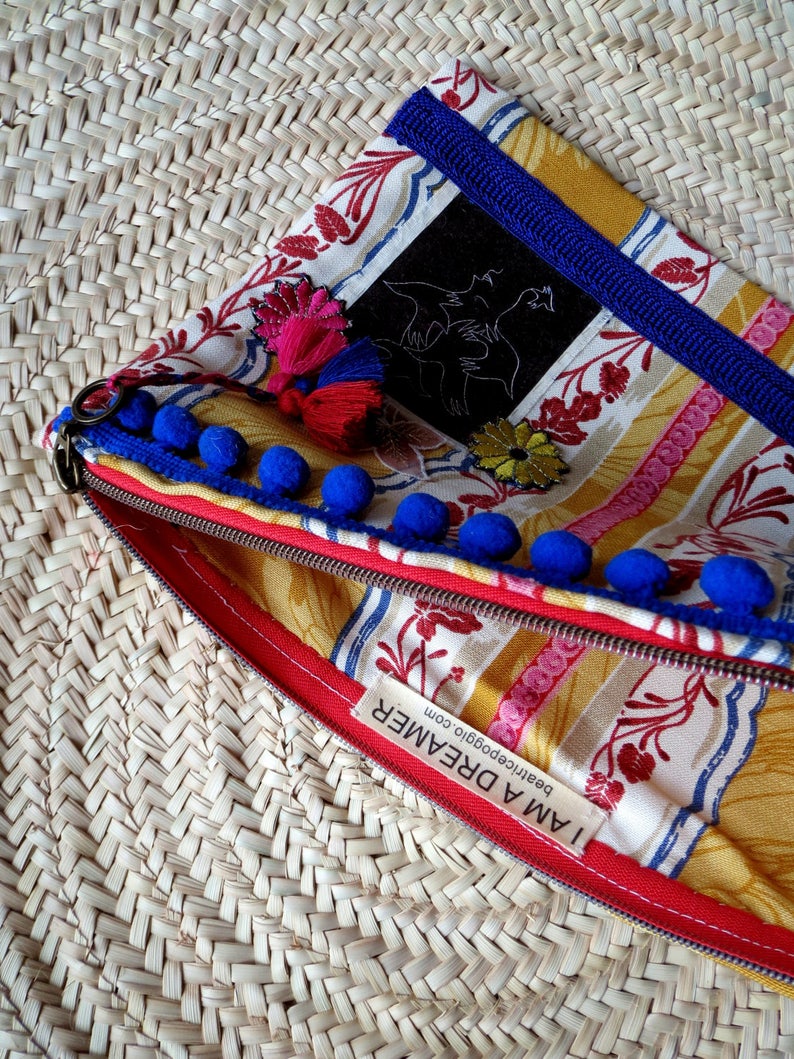 Fabric pouch patchwork clutch bag handmade clutch bag lace and tassels pouch art print Fabric clutch bag Make up storage pouch