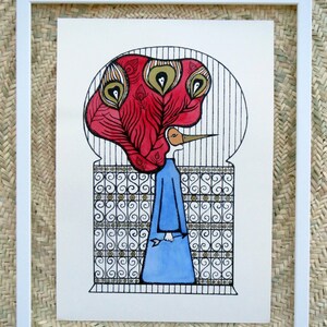 Stampa artistica su carta con acquarello, donna uccello con piume di pavone, pittura surrealista, gabbia decorata, stampa a3 colorata a mano