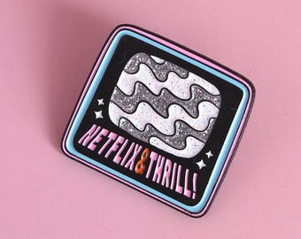 Netflix & Thrill Enamel Pin, Glitter TV Static, Funny Movie Night Gift