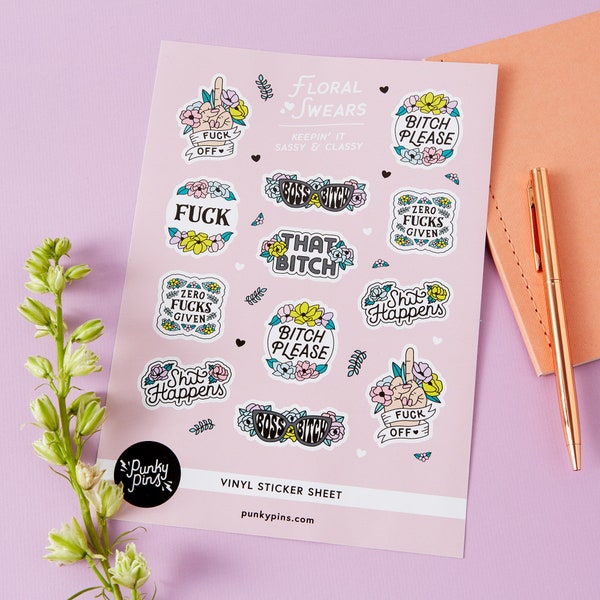 Floral Swears Vinyl Sticker Sheet A5 // Planner stickers // Rude stickers // Illustration stickers