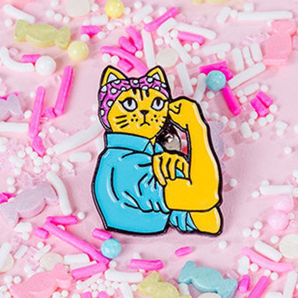 Feminist Cat Enamel Pin with rubber back // lapel pins, rosie rivetor pin, feminist pin