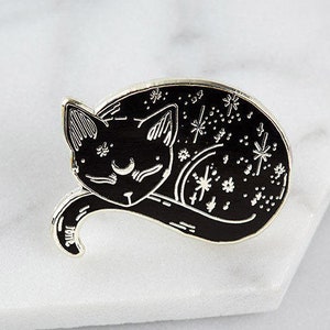 Silver Mystical Cat Enamel Pin // Loll3, sleeping kitty, black cat pin, mystic pin badge // Space kitty image 2