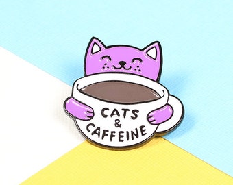 BACK IN STOCK! // Cats & Caffeine Enamel Pin with clutch back // lapel pins, cats rule, coffee cup pin