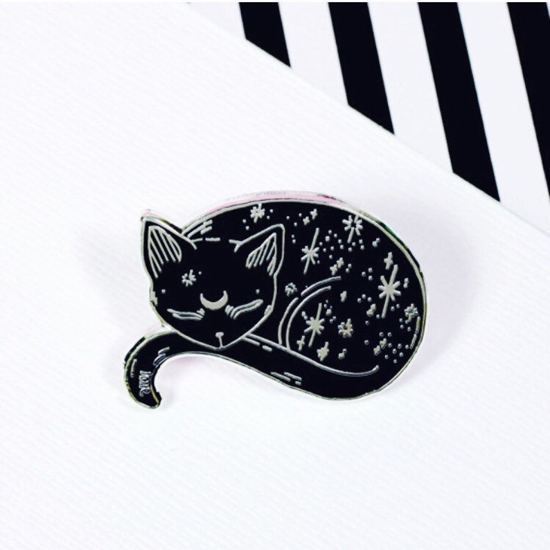 Silver Mystical Cat Enamel Pin // Loll3, sleeping kitty, black cat pin, mystic pin badge // Space kitty image 3