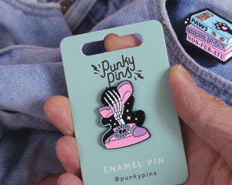 Skeleton Hand Telephone Enamel Pin, Pink Retro Phone, Spooky Halloween Gift