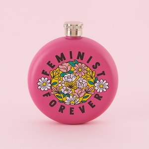 Feminist Forever Stainless Steel Hip Flask - Pink Circle / Round Pink Drinks Hip Flask for Booze, Alcohol Flask / Punky Pins Gift