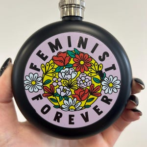 Feminist Forever Black GRADE C SECOND Stainless Steel Hip Flask, black // Cute Black Metal Hip Flask, Alcohol Flask, Sassy // Punky Pins