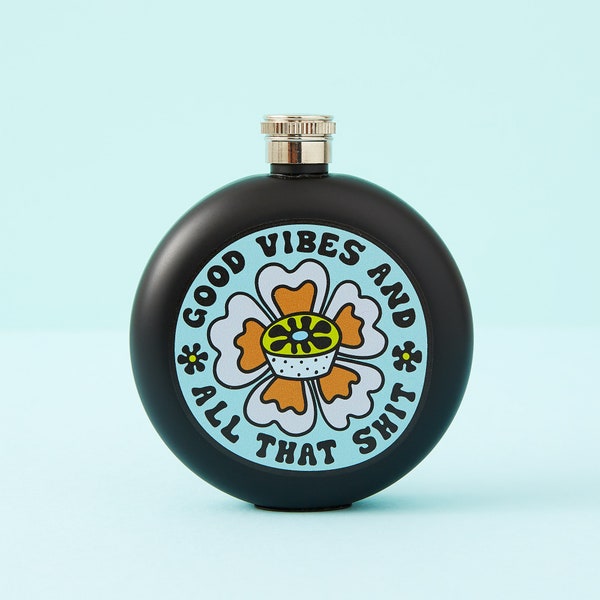 FLASK HIP FLASK, Good Vibes & All That Shit // Cadeau rétro années 70 // Flacon d'alcool // Vibrations de la loi de l'attraction // Cadeau grossier, adulte, 18+