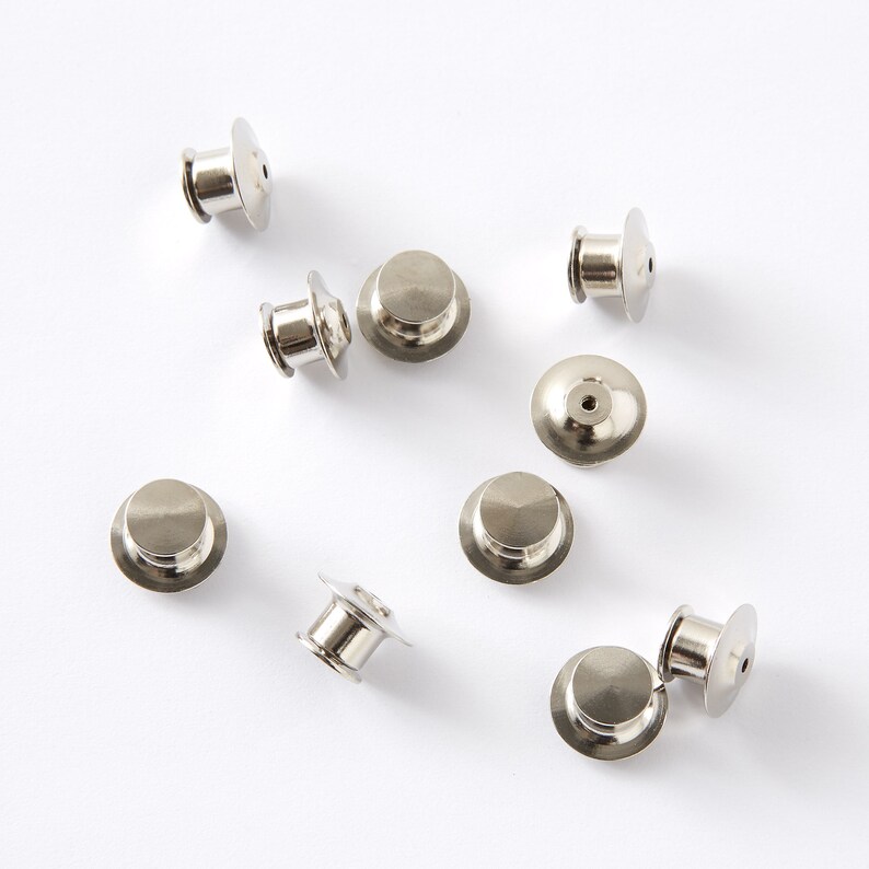 Lot Of 10 Locking Pin Backs With Chain – Chrome Replacement Tie Holder Clutches – Made In USA