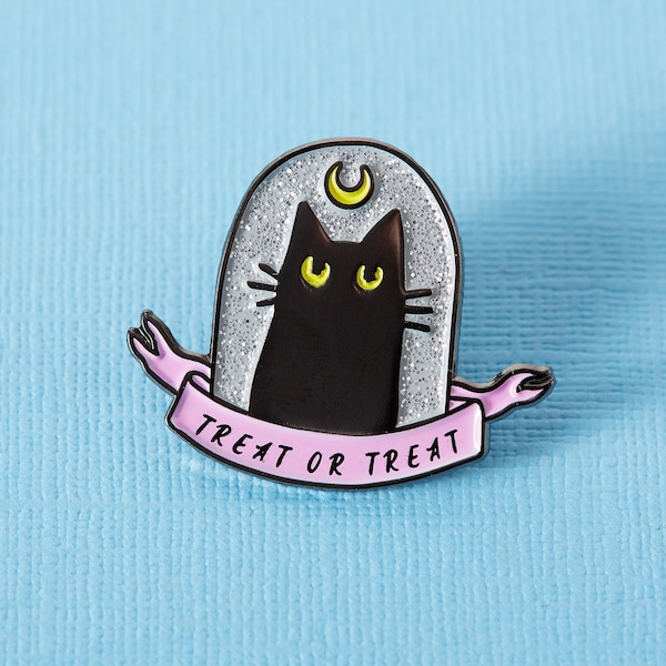Treat or Treat Black Cat Halloween Enamel Pin // Halloween Pins // Cat Lady