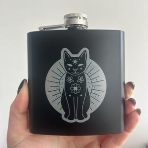 Mystic Mog Cat Black GRADE B SECOND Stainless Steel Hip Flask - black // Cute Black Metal Hip Flask, Alcohol Flask, Sassy // Punky Pins