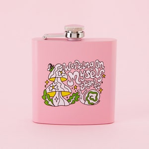 Working On Myself Thanks Stainless Steel Hip Flask - Pink // Cute Pink Metal Hip Flask, Alcohol Flask, Sassy, Secret Santa // Punky Pins