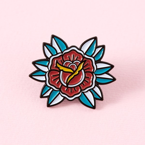 Rose Tattoo Enamel Pin // Flower tattoo illustration pin badge // Old skool lapel pin, Flash tattoo pin