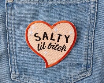 Salty Lil Bitch Heart Shaped Embroidered Iron On Patch// Denim Patch, applique patch, typography, salty, sassy