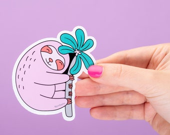 Vinylsticker roze luiaard – grappige sticker voor laptop en dagboek