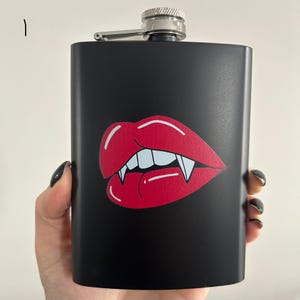 Juicy Fangs Black GRADE B SECOND Stainless Steel Hip Flask, black // Cute Black Metal Hip Flask, Alcohol Flask, Sassy // Punky Pins