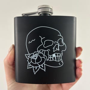 Skull Rose Black GRADE A SECOND Stainless Steel Hip Flask - black // Cute Black Metal Hip Flask, Alcohol Flask, Sassy // Punky Pins