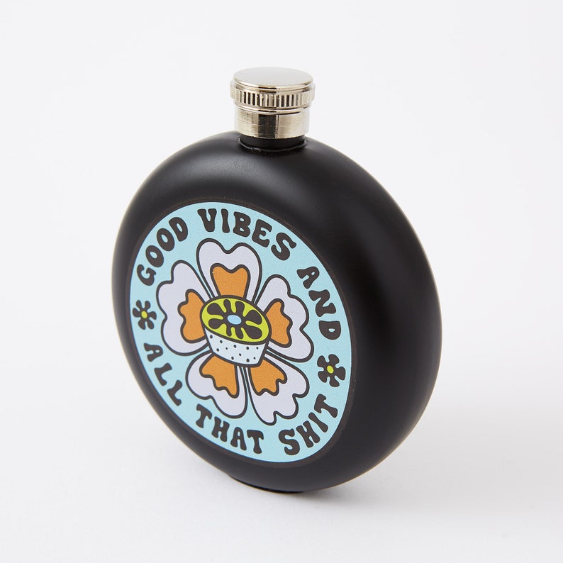 Good Vibes & All That Shit HIP FLASK // 70s retro gift // Alcohol flask // Law of attraction vibrations // Rude, adult gift, 18+ gift image 5