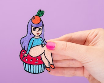 Mel Stringer Cupcake Babe Embroidered Iron On Patch // Customise, applique patch/ Motif/ Sew On/Chubby Girl, Body Positive/Kawaii Cake Patch