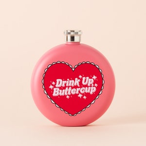 Drink Up Buttercup Stainless Steel Hip Flask - Pink Circle / Round Pink Heart Drinks Hip Flask for Booze, Alcohol Flask / Punky Pins Gift