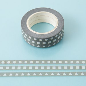 3 pack skinny washi tape with grey and white patterns, square, circle and triangle prints.